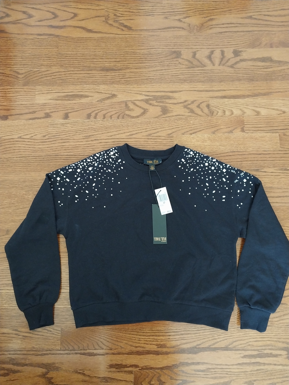 Truth by Republic BLACK Crewneck Sweater with Rhinestone Shoulder Detail